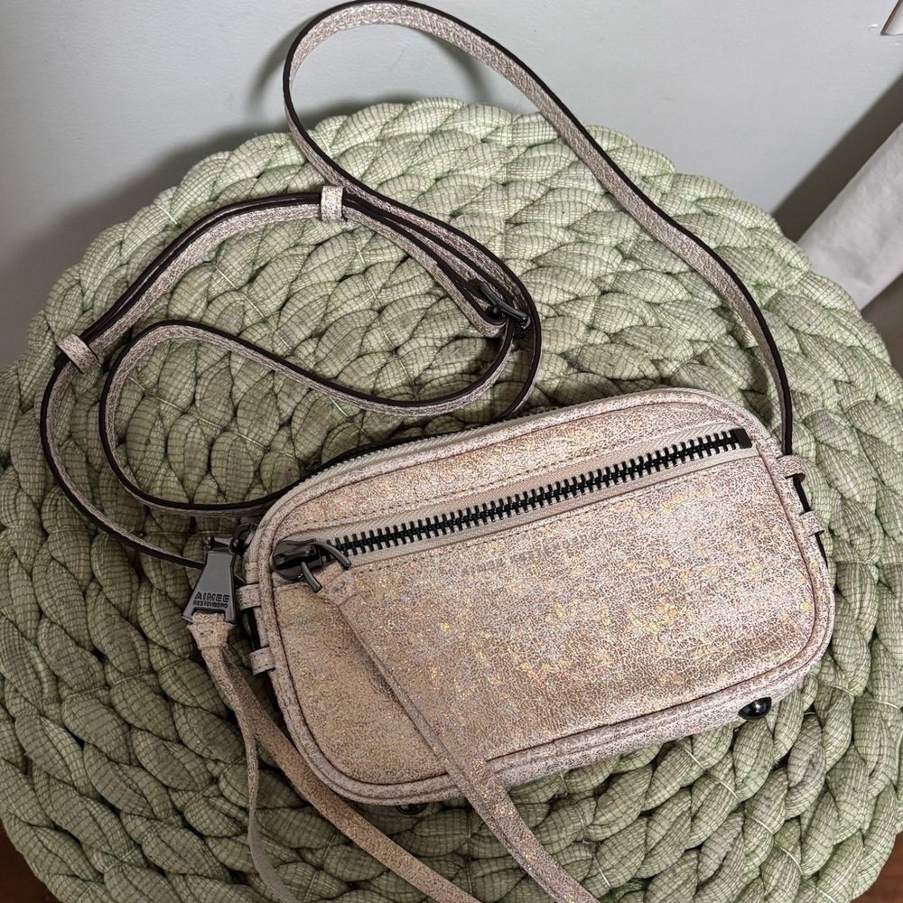 Aimee Kestenberg Brighton Cream Leather Rainbow Shimmer Top Zip Crossbody